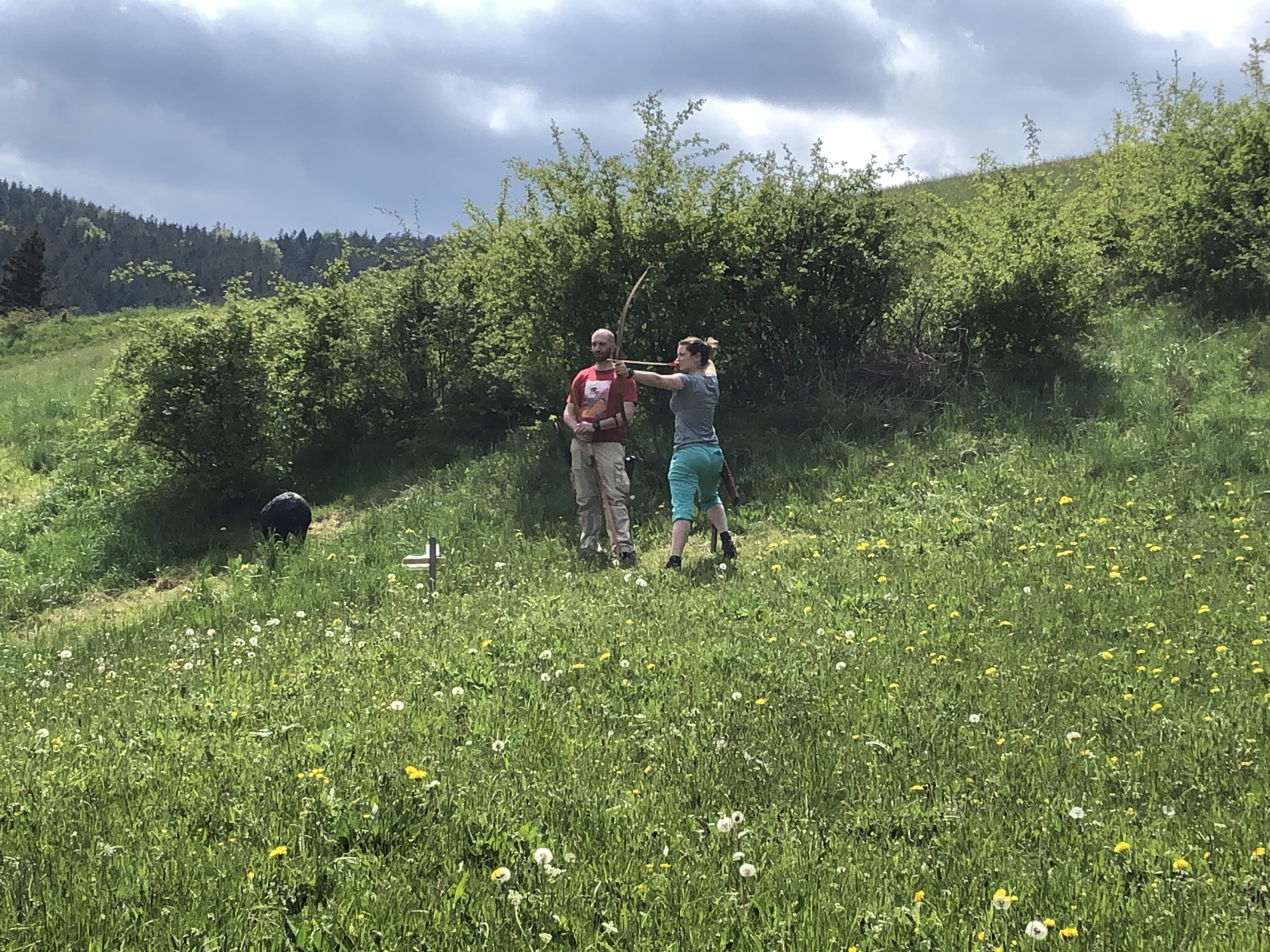 Zwei Personen auf einer Wiese beim Bogenschießen, umgeben von grüner Natur und Büschen.