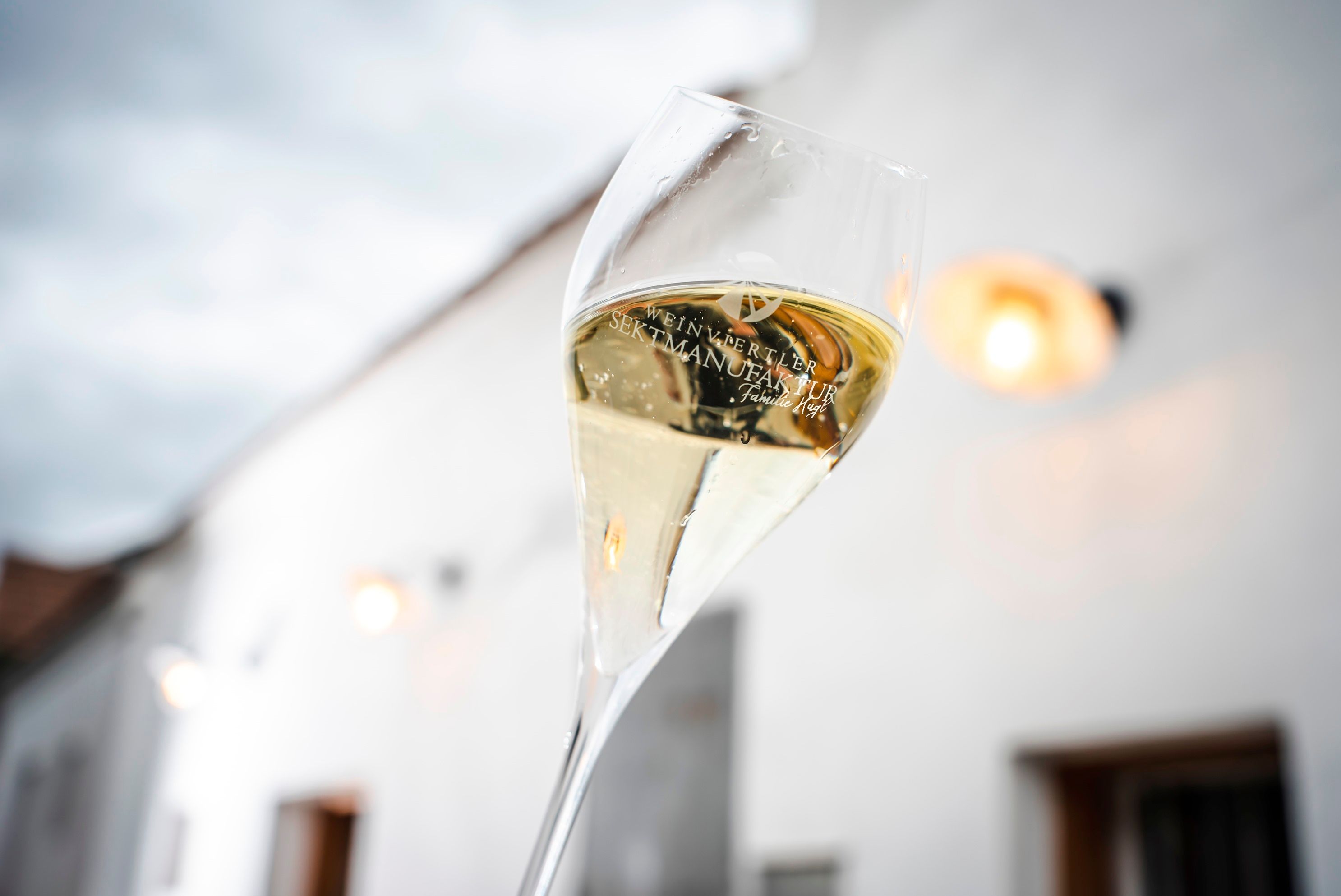 Ein Glas Sekt mit der Aufschrift 'Weinviertler Sektmanufaktur' wird gegen einen bewölkten Himmel gehalten.