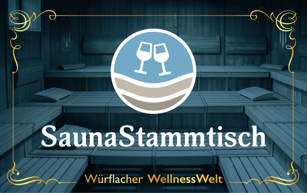 Logo des SaunaStammtischs in einer Sauna mit Holzbänken.