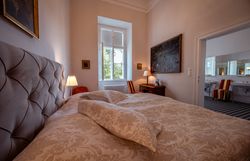 Luftaufnahme von Schloss Horn mit rotem Dach und Uhrturm, umgeben von Bäumen und einer Stadt im Hintergrund.