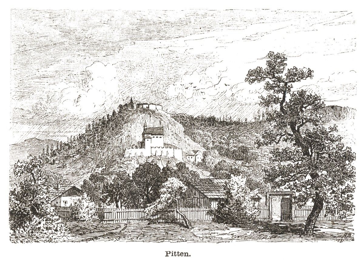 Historischer Stich von Pitten mit Burg auf einem Hügel, umgeben von Bäumen und Gebäuden.