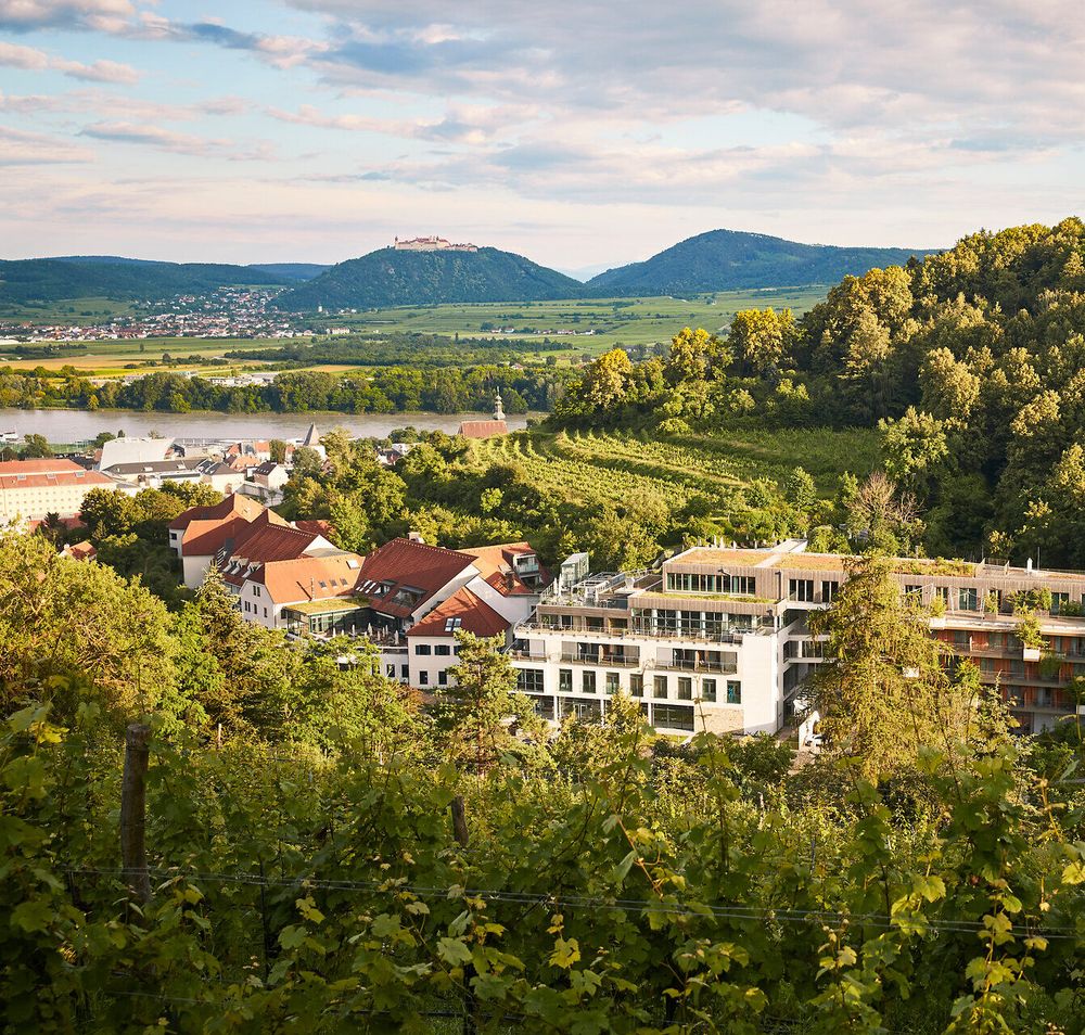 Umgeben von sanften Hügeln und üppigen Weinbergen strahlt die Landschaft eine friedliche Ruhe aus. Die sanften Wellen der Donau reflektieren das Licht der untergehenden Sonne und schaffen eine malerische Kulisse für entspannende Tage im Herzen Niederösterreichs.