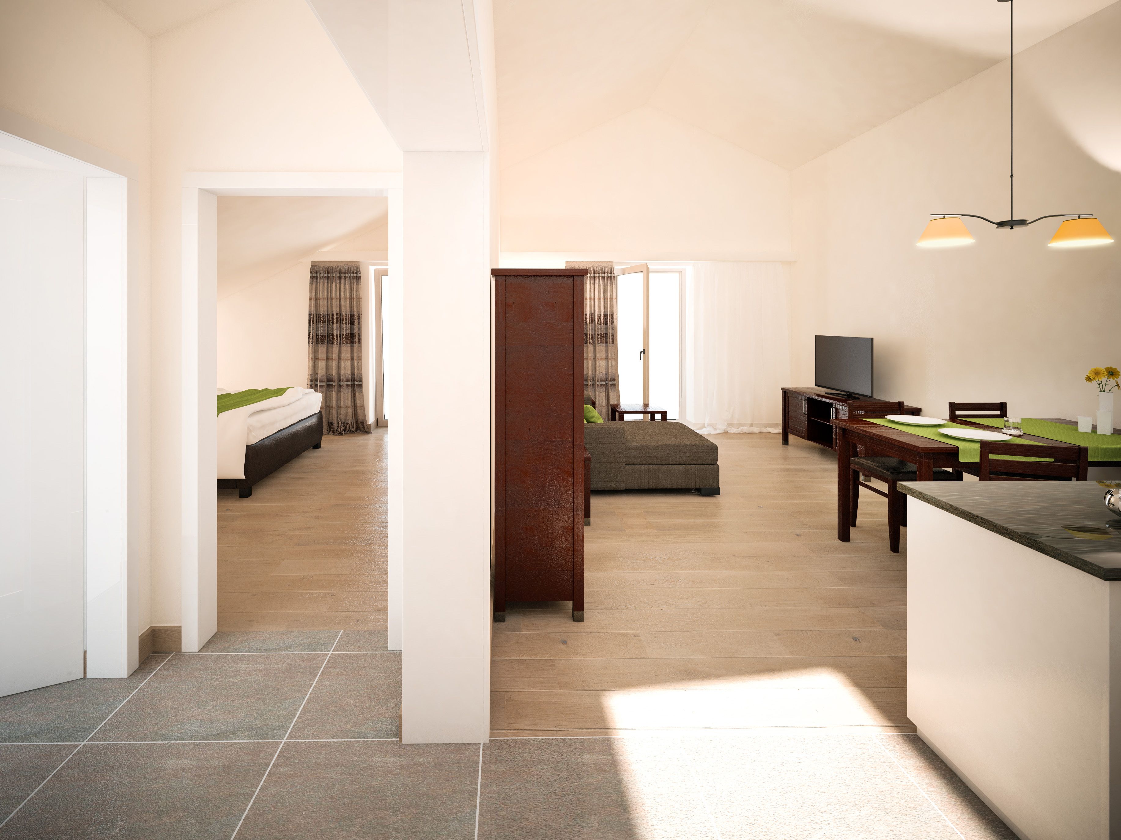 Innenansicht einer modernen Wohnung mit Wohnzimmer, Essbereich und Schlafzimmer.