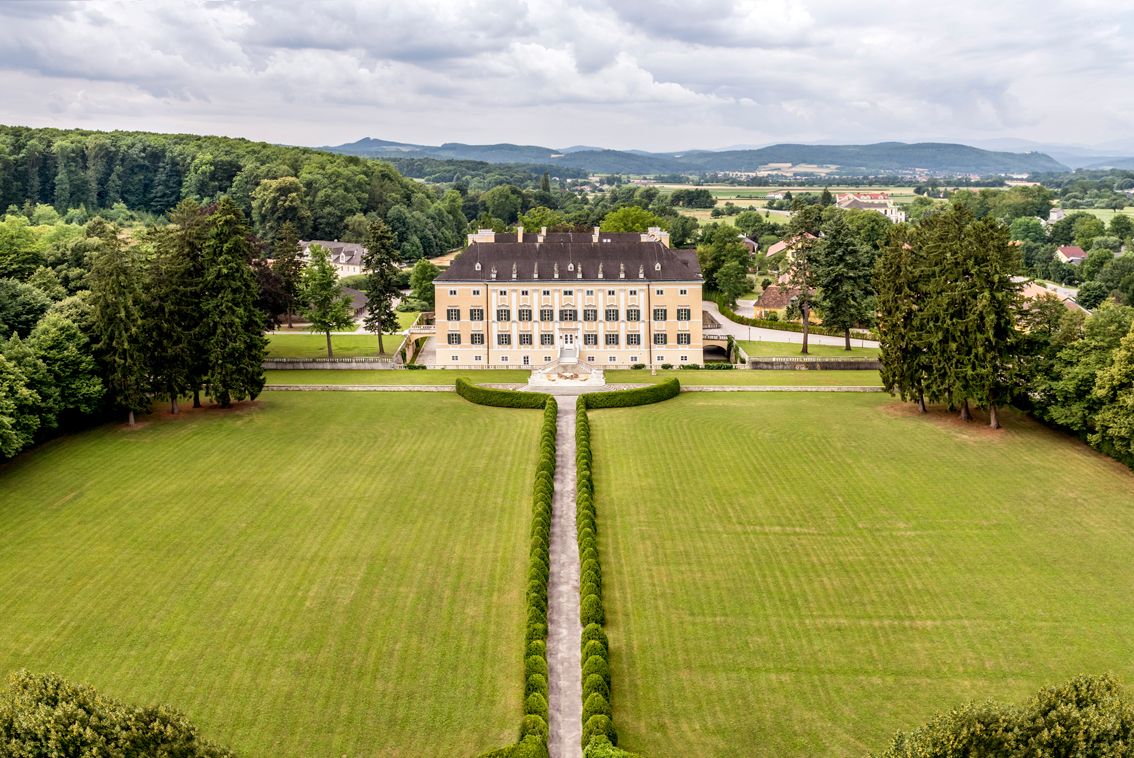 Luftaufnahme des Schloss Frohsdorf, ein großes, symmetrisches Schloss mit gelber Fassade, gepflegtem Rasen und Bäumen im Hintergrund.