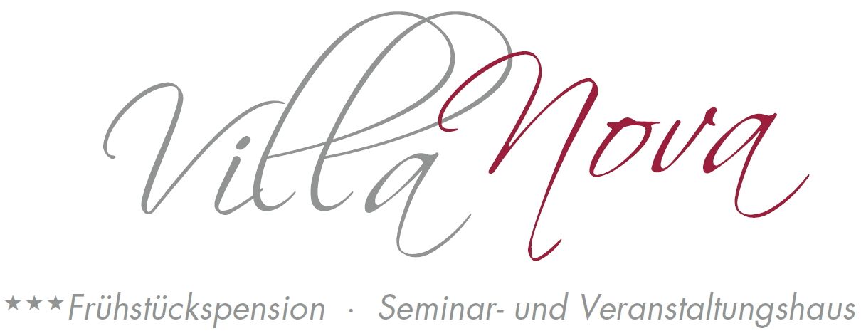 Logo der Villa Nova mit Schriftzug und Beschreibung als Frühstückspension und Seminarhaus.