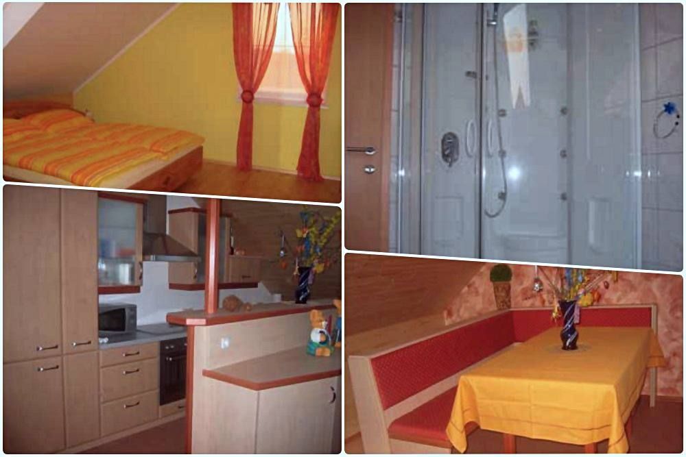 Collage von vier Bildern: Schlafzimmer mit gelben Wänden, Badezimmer mit Duschkabine, Küche mit Holzschränken, Essbereich mit roter Sitzbank und gelbem Tisch.