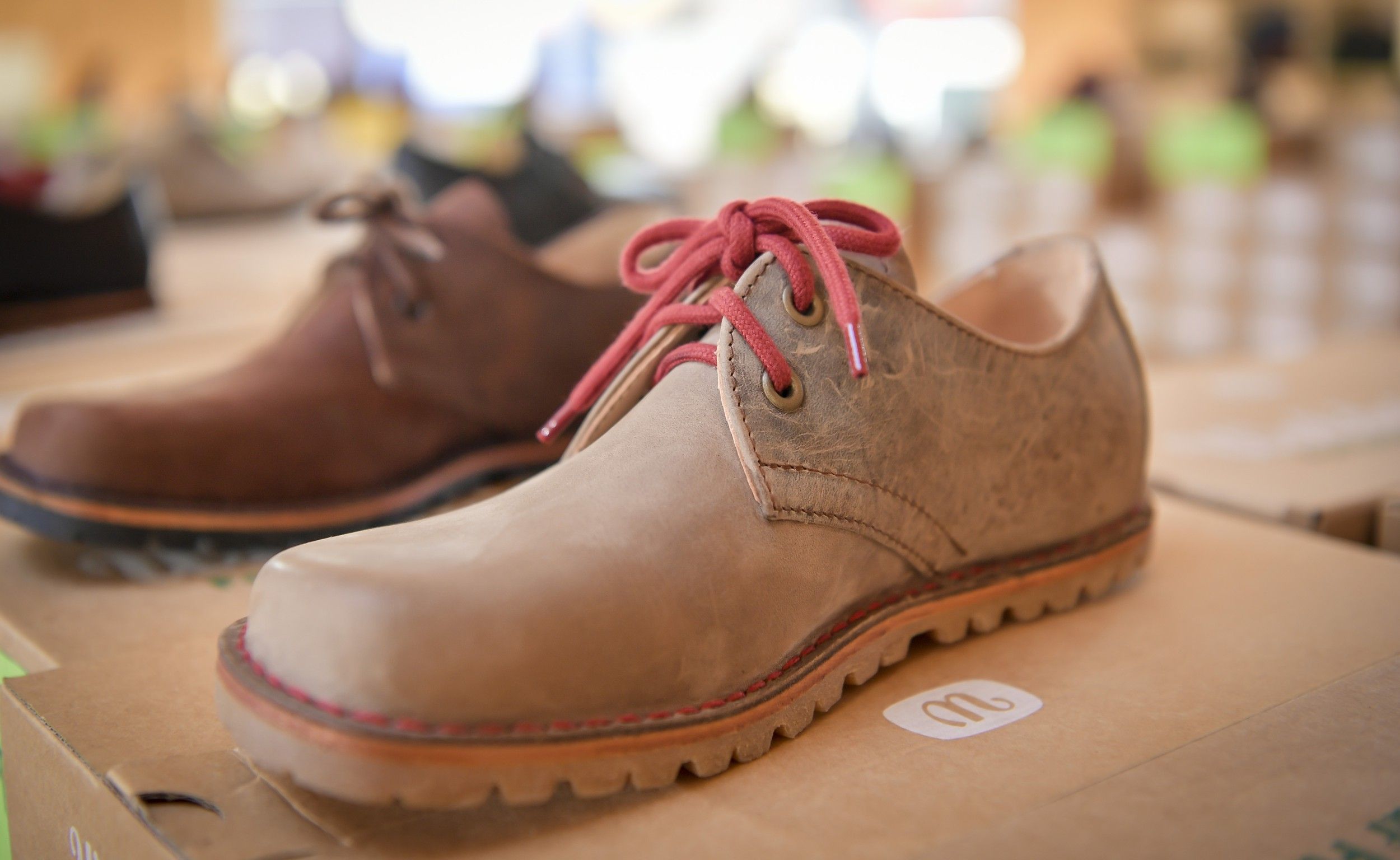 Nahaufnahme eines braunen Lederschuhs mit roten Schnürsenkeln auf einem Karton.