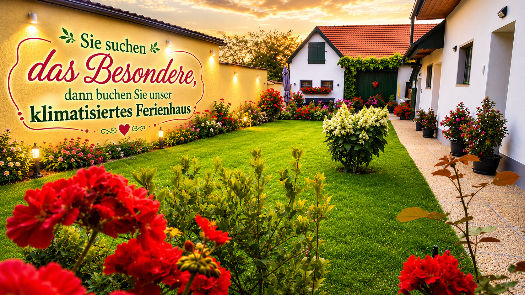 Ein gepflegter Garten mit Blumen und einem Ferienhaus im Hintergrund. An der Wand steht ein Werbeslogan für ein klimatisiertes Ferienhaus.