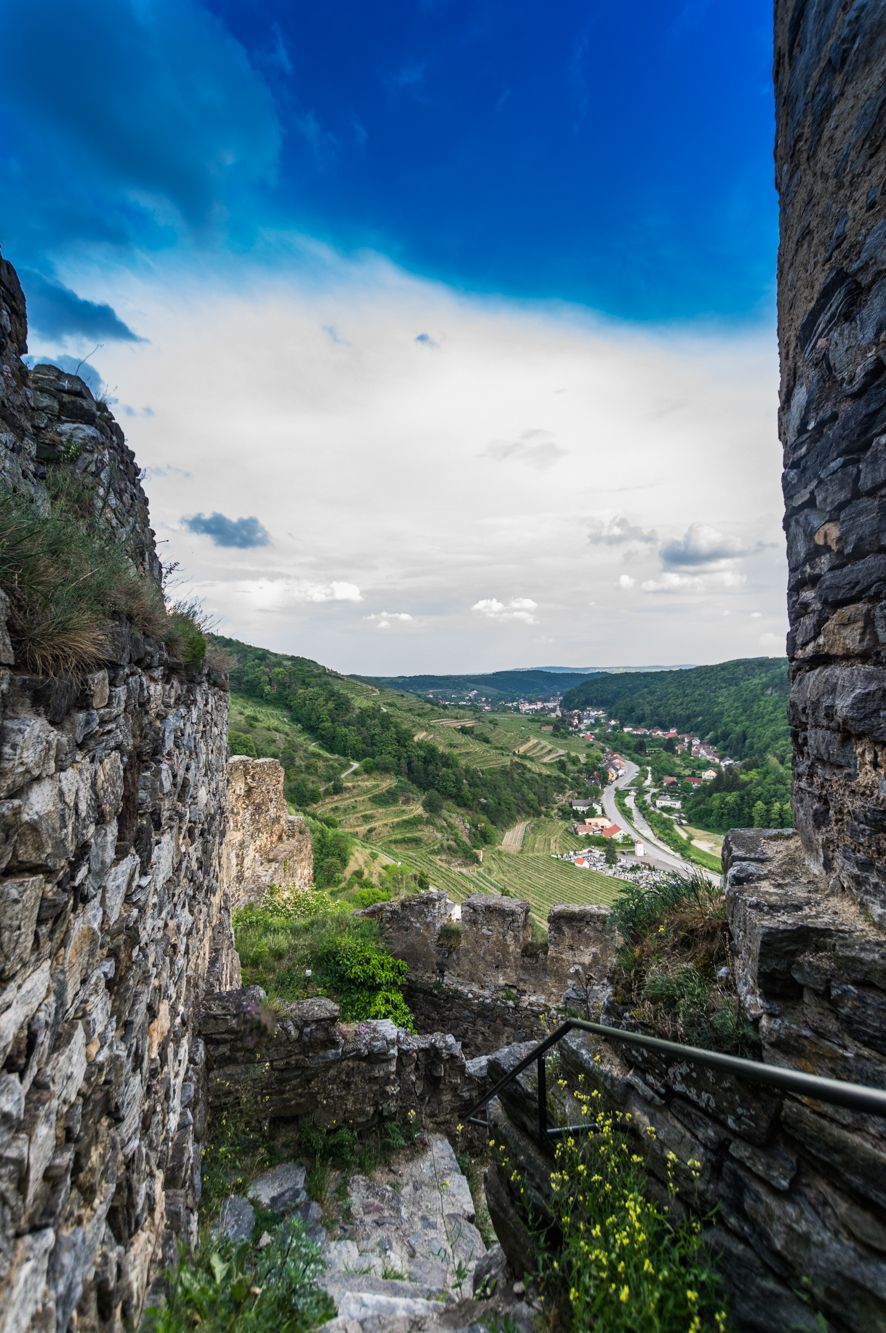 Blick von der Burgruine Senftenberg auf eine grüne Landschaft mit einem Dorf im Tal.