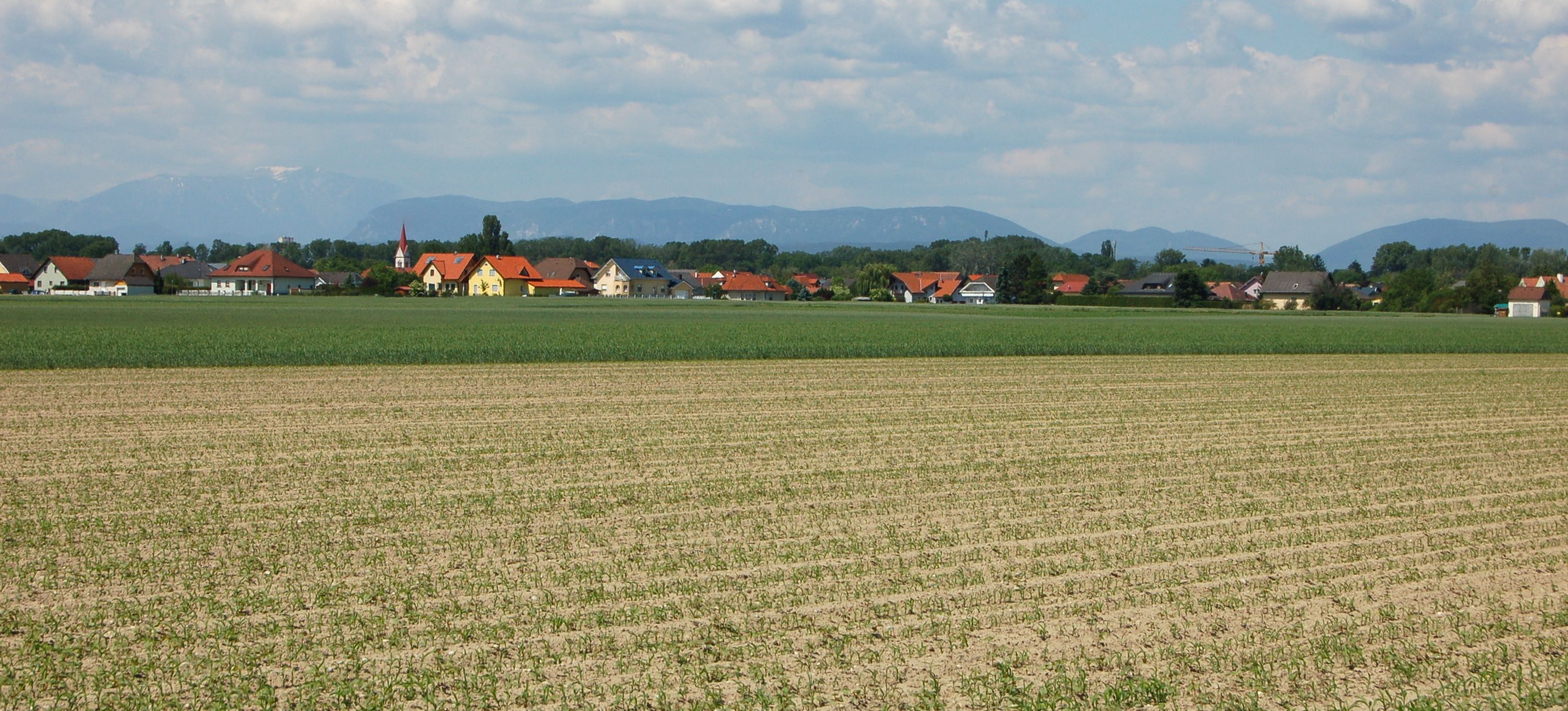 Landschaft mit Feldern und Dorf im Hintergrund, Berge am Horizont.
