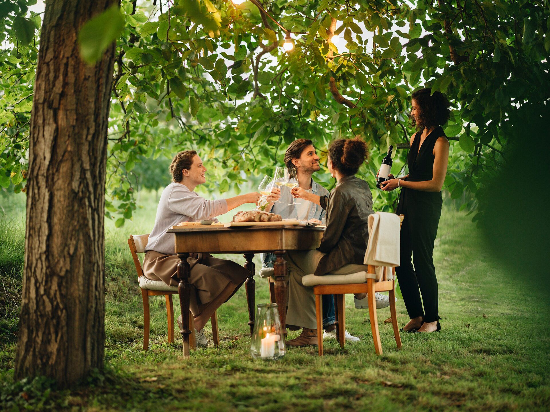 Unter dem schattenspendenden Blätterdach genießen Freunde eine gesellige Jause mit köstlichen Speisen und erlesenen Weinen. Die sanfte Abendsonne taucht die Szene in warmes Licht und schafft eine einladende Atmosphäre, die zum Verweilen einlädt.