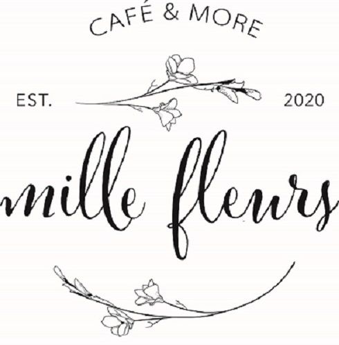 Logo von 'mille fleurs' mit Blumenverzierungen und dem Text 'Café & More, Est. 2020'.