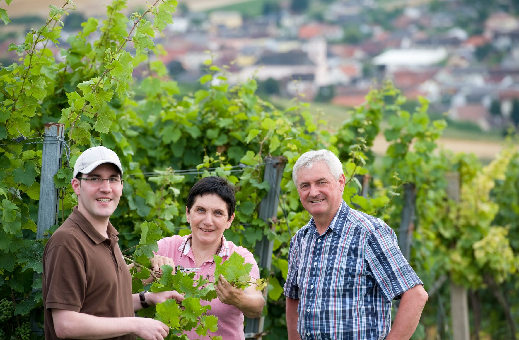 Drei Personen stehen in einem Weinberg mit grünen Reben im Vordergrund und einer unscharfen Stadt im Hintergrund.