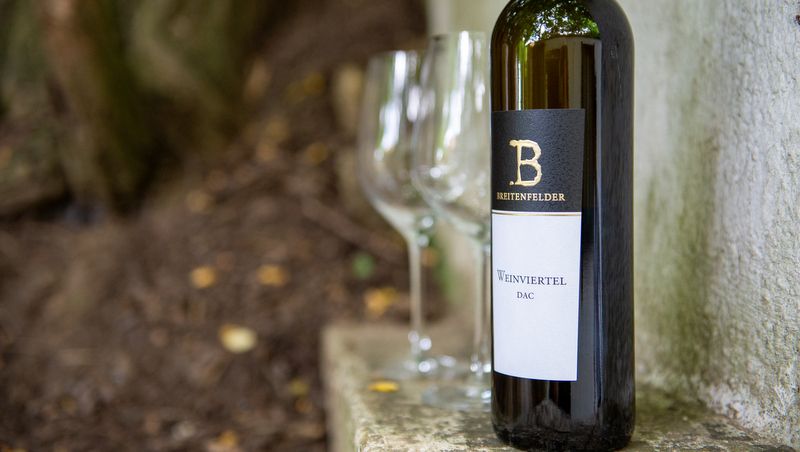 Weinflasche mit zwei leeren Gläsern im Freien.