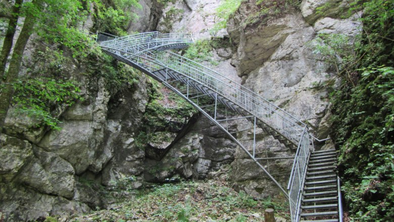 Metalltreppe in einer felsigen Schlucht mit gr&uuml;ner Vegetation.