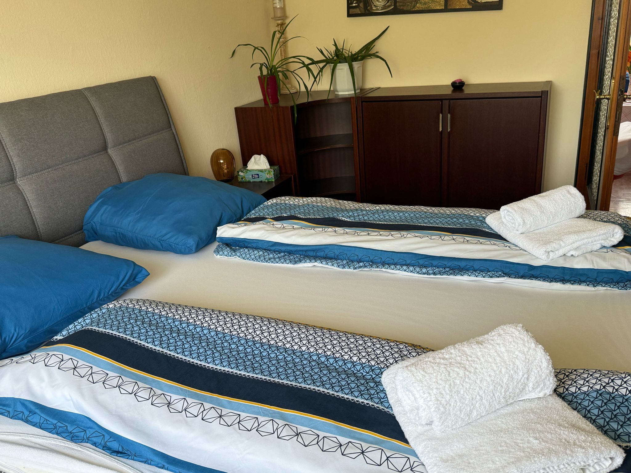 Ein gemütliches Schlafzimmer mit einem Doppelbett, blauer Bettwäsche und gefalteten Handtüchern. Im Hintergrund ein Schrank mit Pflanzen.