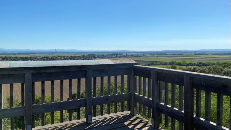 Erh&ouml;hte Aussichtsplattform mit Holzbauweise und freiem Blick &uuml;ber Weinberge und H&uuml;gellandschaft des Wagrams.