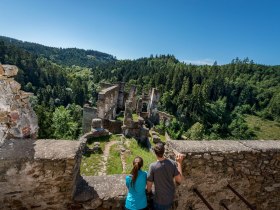 Die Ruine Kollmitz thront majest&auml;tisch &uuml;ber dem &uuml;ppigen Wald, umgeben von einer atemberaubenden Landschaft. Wanderer genie&szlig;en hier nicht nur die frische Bergluft, sondern auch den faszinierenden Blick auf die gr&uuml;nen T&auml;ler und die sanften H&uuml;gel. Ein Ort, der zum Verweilen und Tr&auml;umen einl&auml;dt.