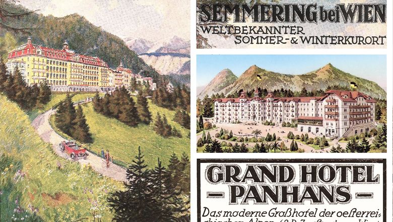 Historische Postkarte des Grand Hotel Panhans am Semmering mit Berglandschaft und Hotelansicht.