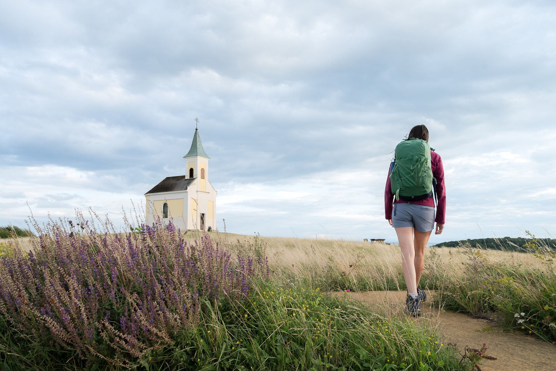 Eine Wanderin mit Rucksack ist am Michelberg unterwegs. Wiesenlandschaft und eine Kapelle prägen die Szene.