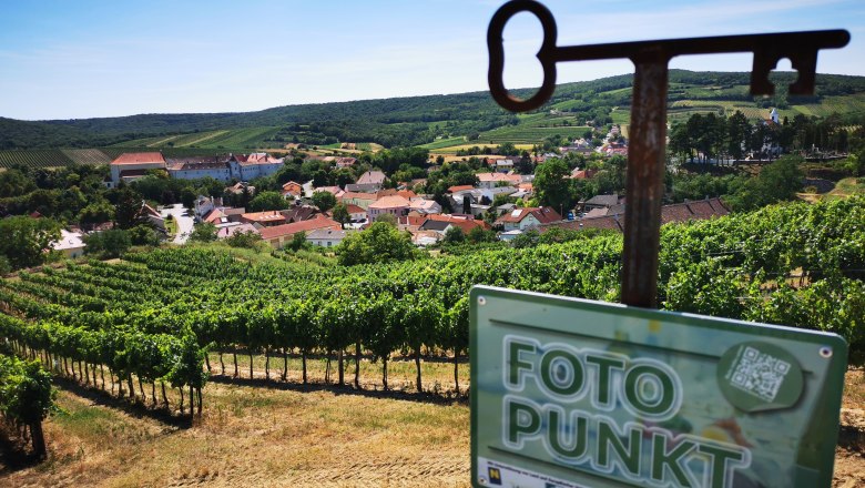 Blick auf ein Dorf inmitten von Weinbergen mit einem Schild 'Fotopunkt' im Vordergrund.