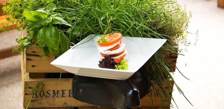 Ein Teller mit Tomaten-Mozzarella-Salat auf einer Holzkiste mit frischen Kr&auml;utern.