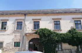 Altes Gebäude mit Efeu bewachsen und einem klassischen weißen Auto davor.