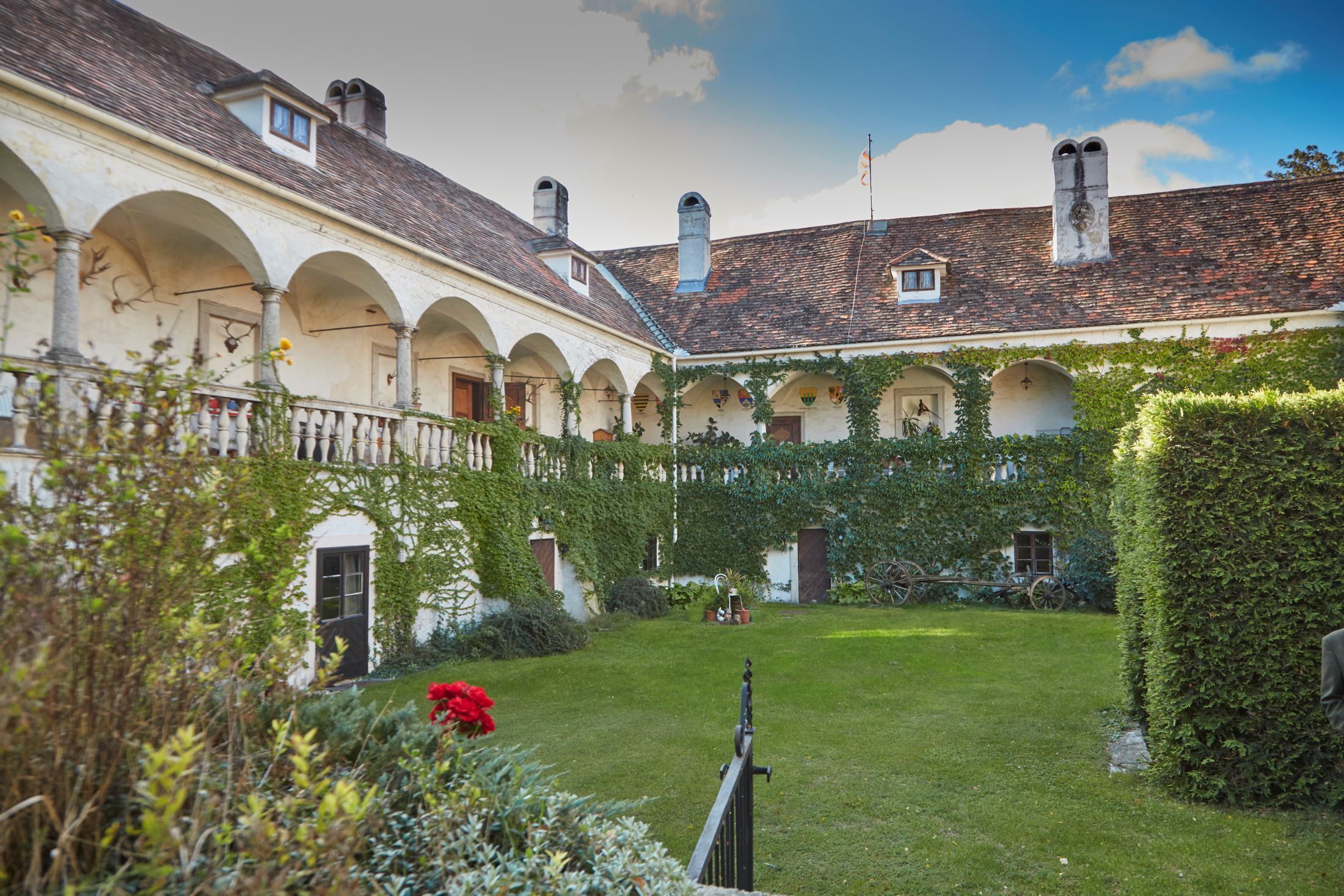 Innenhof eines historischen Schlosses mit Arkaden und Efeubewuchs.