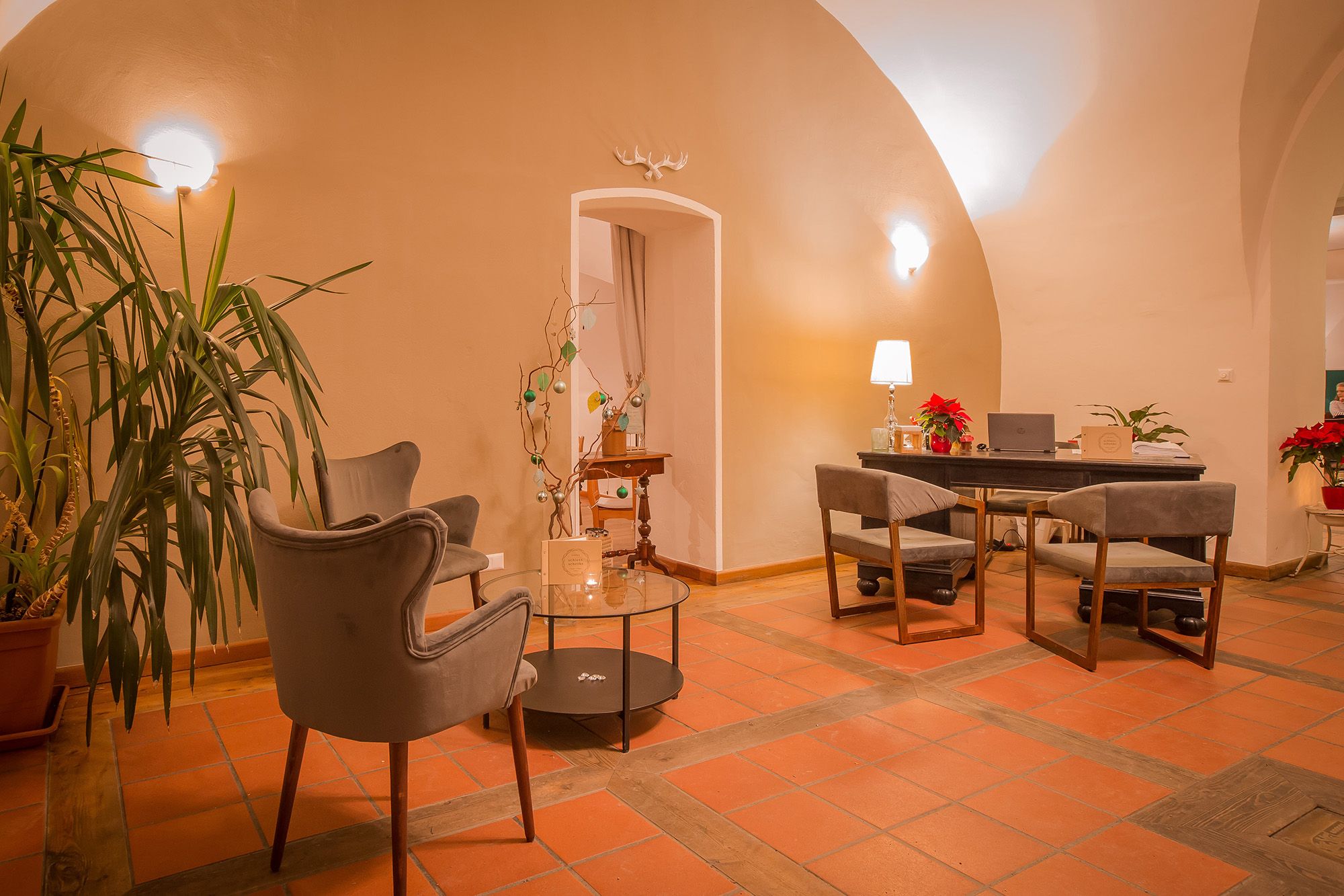 Gemütlicher Eingangsbereich mit Sesseln, Tisch und Pflanzen.