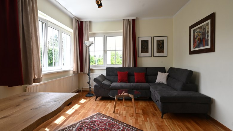 Modernes Wohnzimmer mit grauem Sofa, Holztisch, Teppich und gro&szlig;en Fenstern.