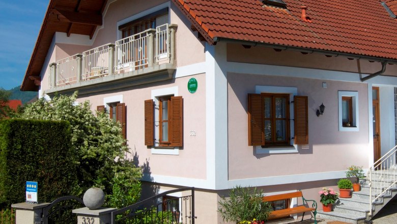 Gästehaus Punz, © Familie Punz Ein zweistöckiges Haus mit rotem Ziegeldach, Balkon und Garten.
