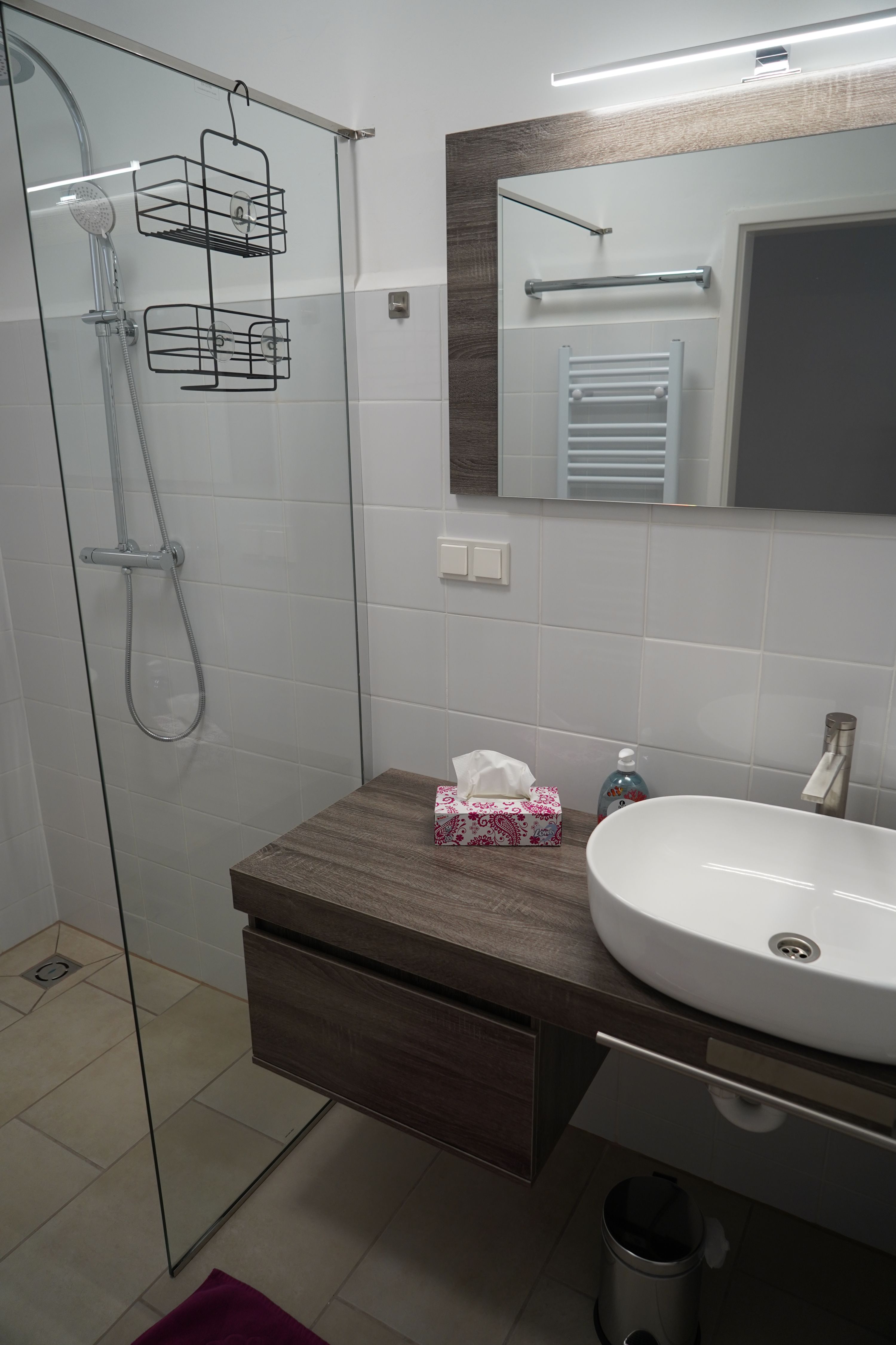 Modernes Badezimmer mit Glasdusche, Waschbecken und Spiegel.