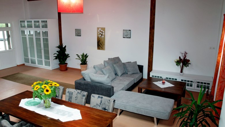 Ein modernes Loft mit grauem Sofa, Esstisch mit Sonnenblumen, Pflanzen und roten Lampenschirm.