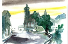 Aquarell einer Stadtansicht mit Kirche und B&auml;umen.