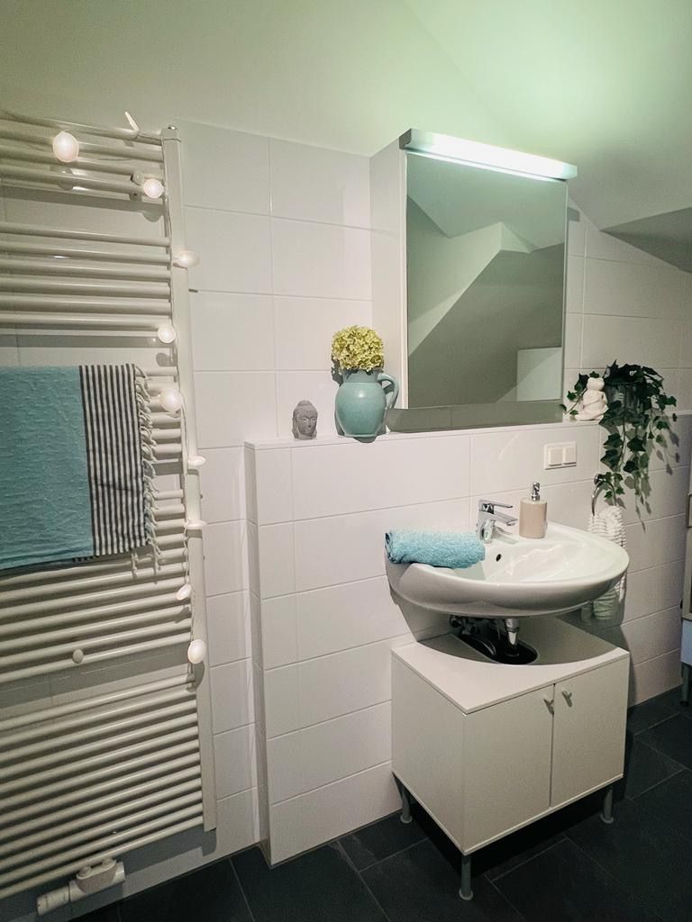 Modernes Badezimmer mit Waschbecken, Spiegel, Handtuchhalter und Dekorationen.