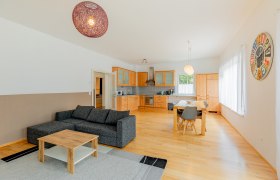 Offener Wohnbereich mit Küche, Esstisch und Sofa.