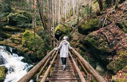 Ein sanfter Pfad führt über eine rustikale Holzbrücke, umgeben von üppigem Grün und dem beruhigenden Rauschen eines plätschernden Baches. Die majestätischen Bäume und das weiche Licht schaffen eine friedliche Atmosphäre, die zum Verweilen und Entspannen einlädt.