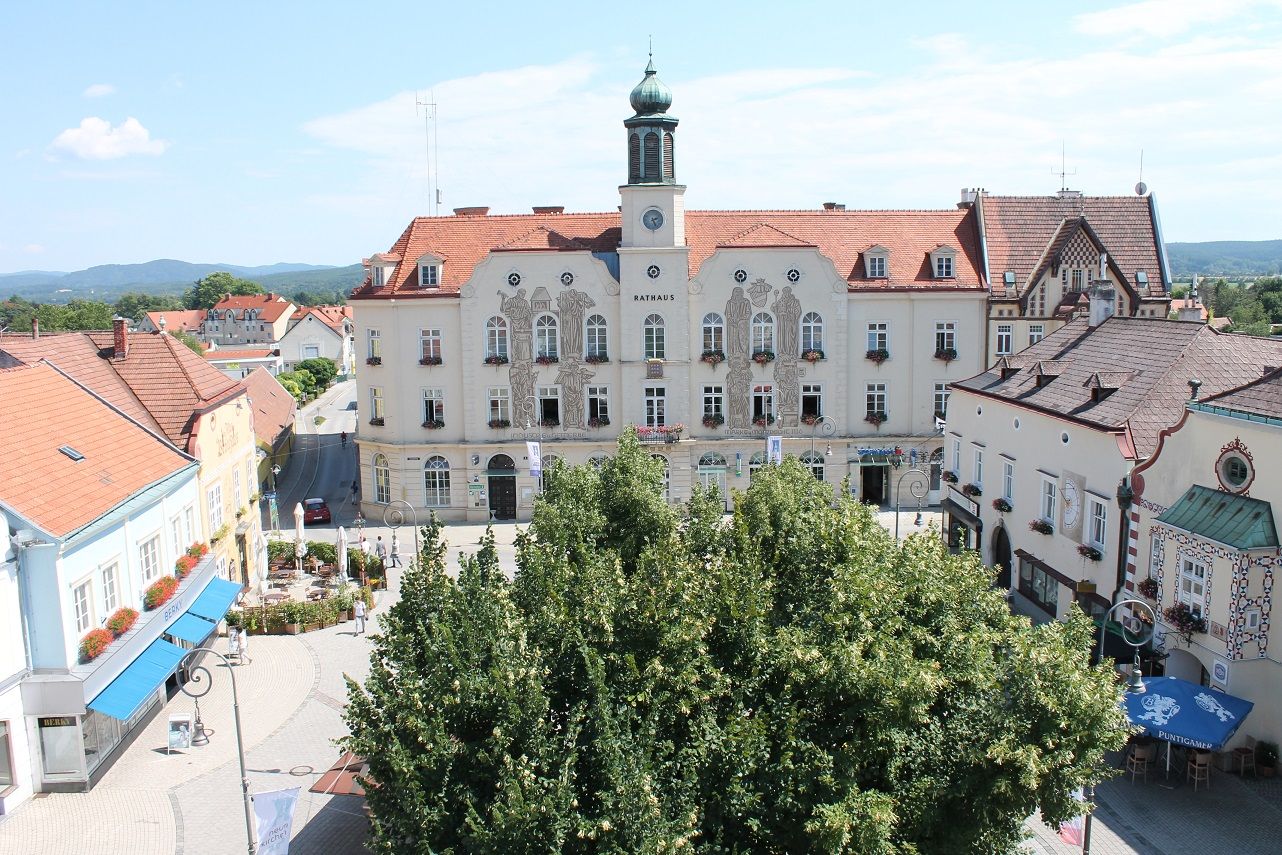Historisches Rathaus an einem sonnigen Hauptplatz mit umliegenden Gebäuden und Bäumen.