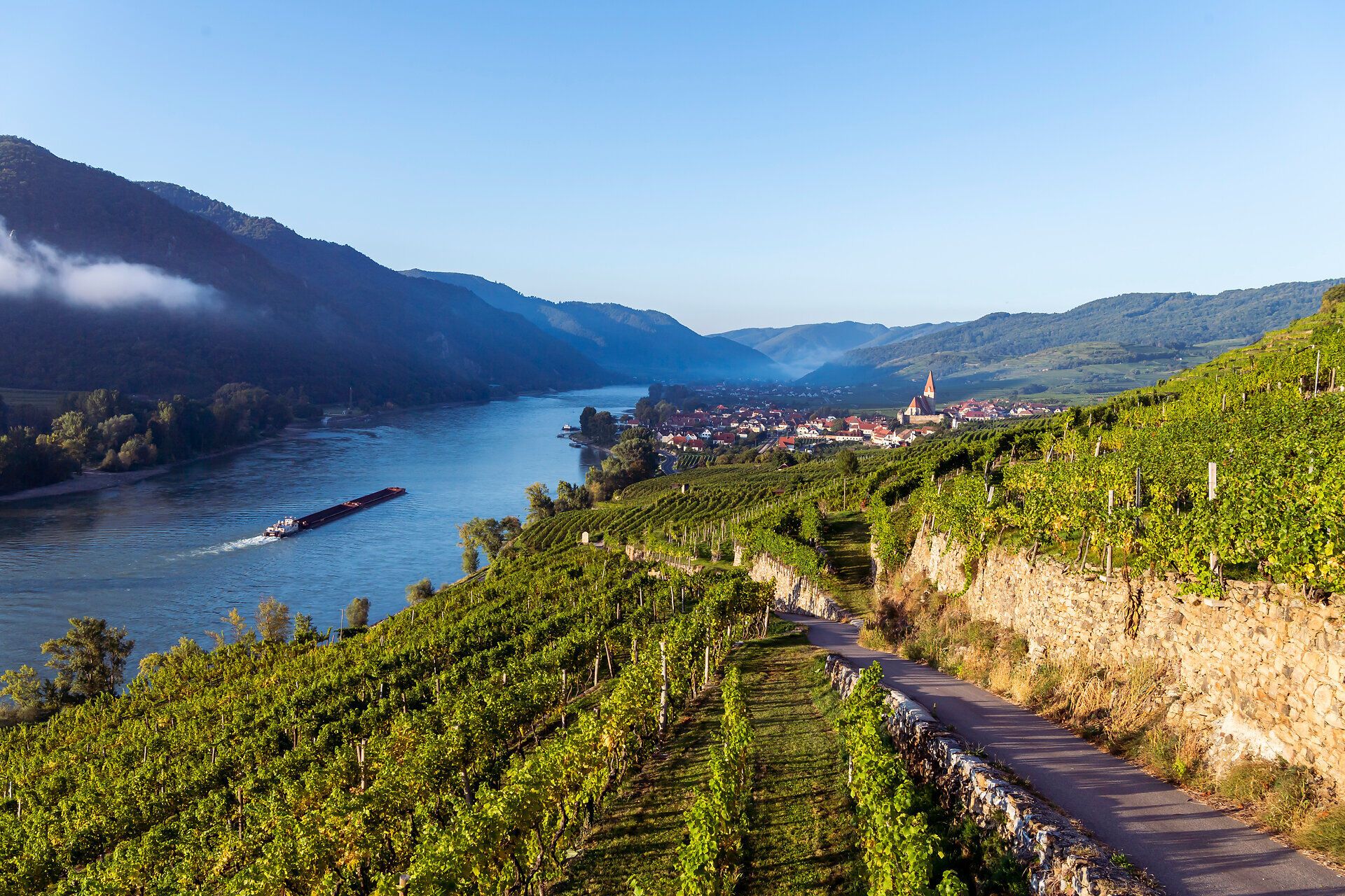 Die sanften Hügel der Weinberge erstrecken sich majestätisch entlang der Donau, während die Morgensonne die Landschaft in warmes Licht taucht. Ein malerisches Dorf schmiegt sich an das Ufer, umgeben von der atemberaubenden Kulisse der Berge, die zum Entdecken einladen.