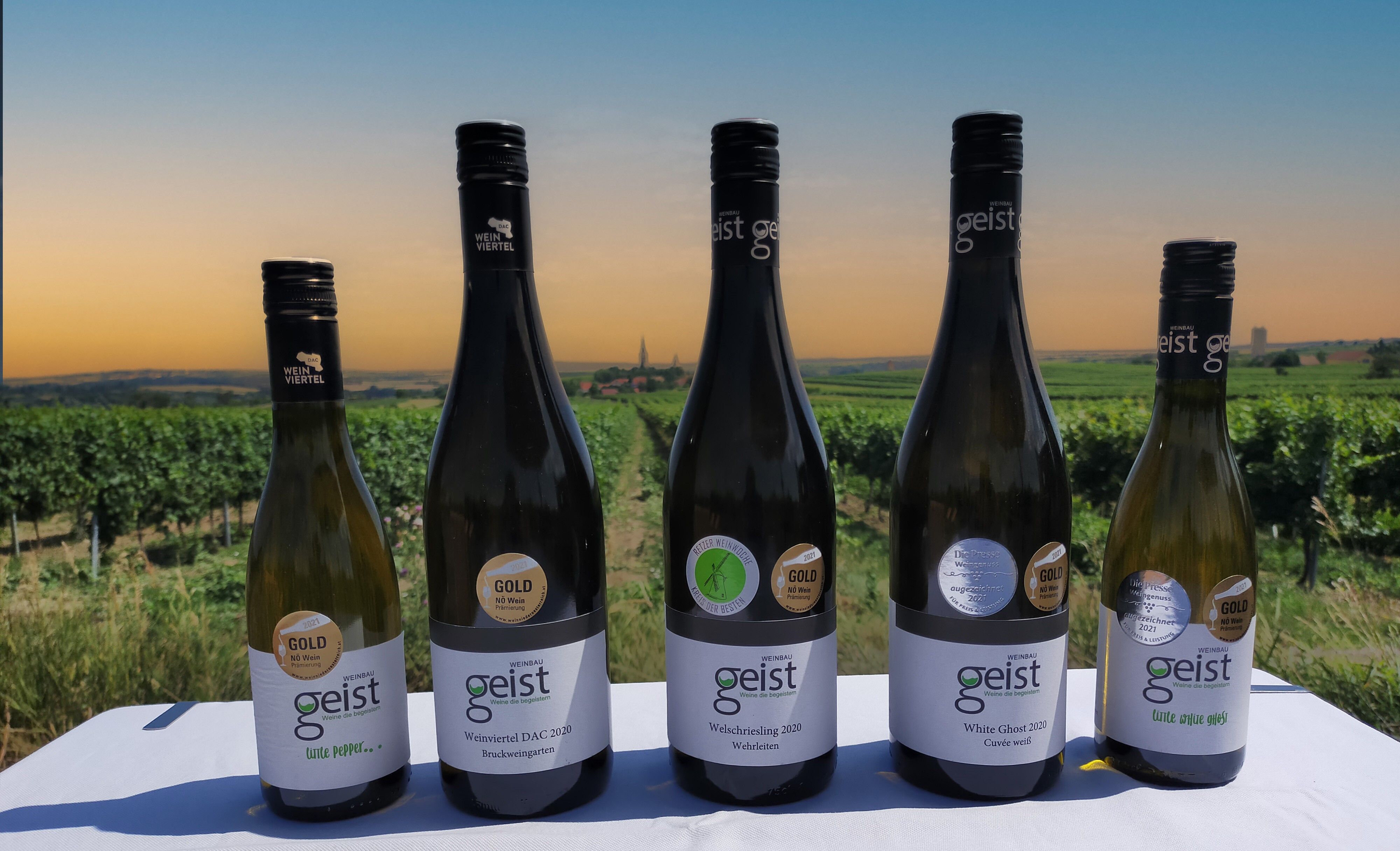 Sechs Weinflaschen der Marke Geist vor einem Weinberg bei Sonnenuntergang.