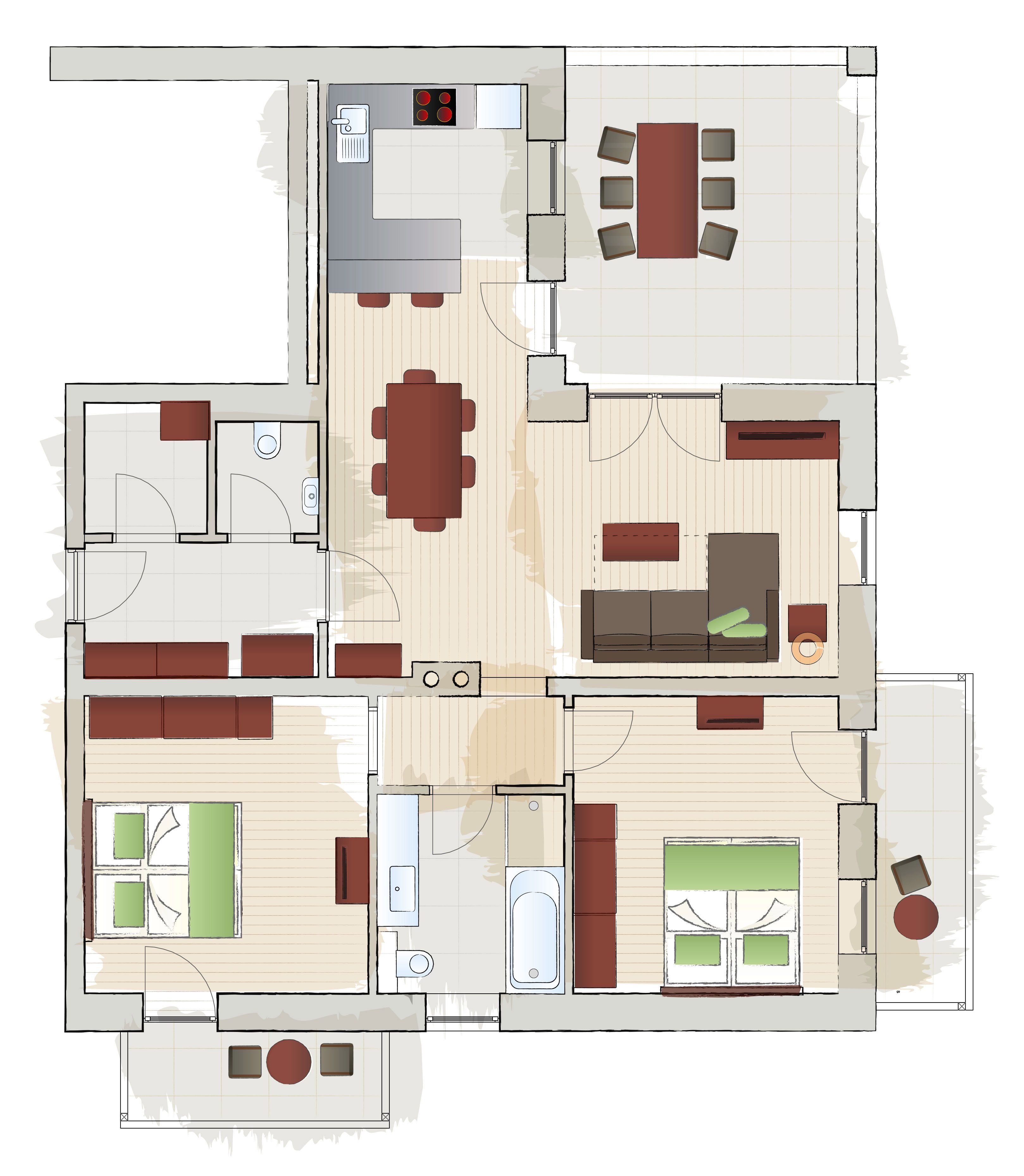 Grundriss einer Wohnung mit zwei Schlafzimmern, Küche, Wohnzimmer, Essbereich und zwei Balkonen.
