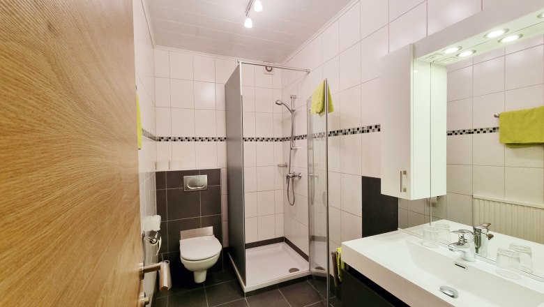 Modernes Badezimmer mit Dusche, Waschbecken und Toilette.