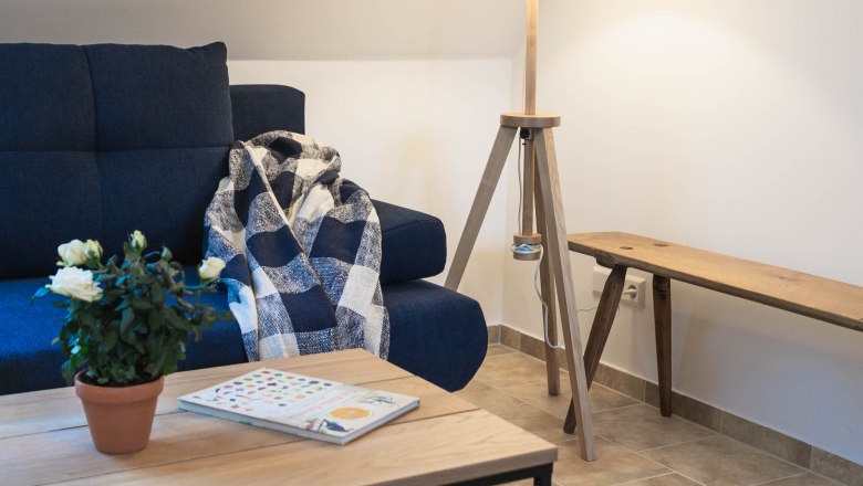 Gem&uuml;tliche Leseecke mit blauem Sofa, Decke, Stehlampe und Holztisch mit Pflanze und Buch.