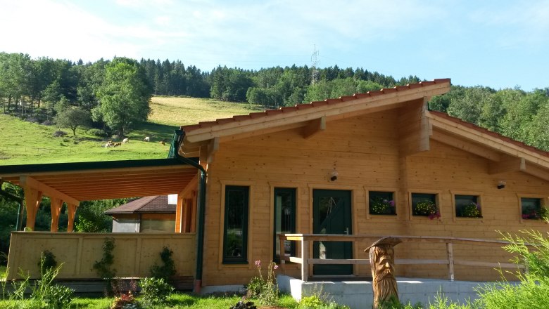 Blockhaussauna in ländlicher Umgebung mit Holzveranda und Blumenkästen.