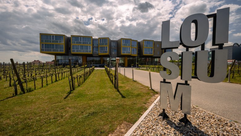 Moderne Architektur des LOISIUM Langenlois mit Weinreben im Vordergrund und bew&ouml;lktem Himmel.