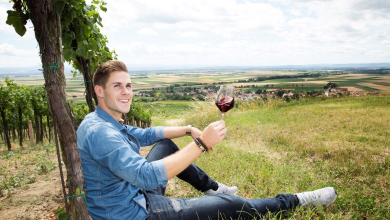 Ein Mann sitzt in einem Weinberg und h&auml;lt ein Glas Rotwein. Im Hintergrund ist eine weite Landschaft zu sehen.