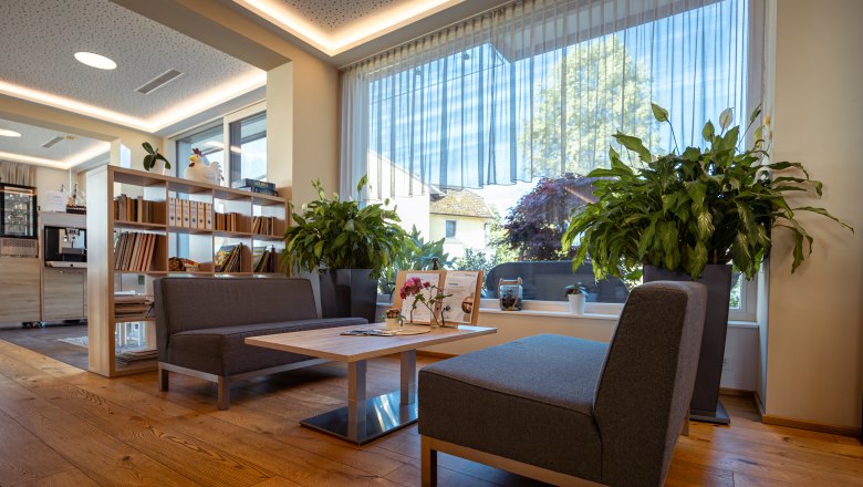 Innenansicht eines modernen Wartezimmers mit grauen Sofas, Holzboden und gro&szlig;en Pflanzen am Fenster.