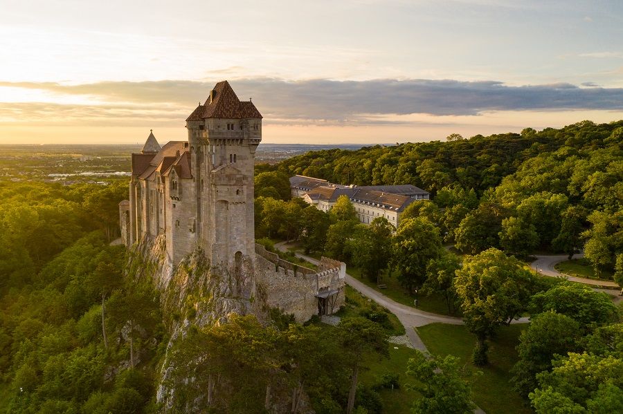 Burg Liechtenstein auf einem Hügel, umgeben von Wald, bei Sonnenuntergang.