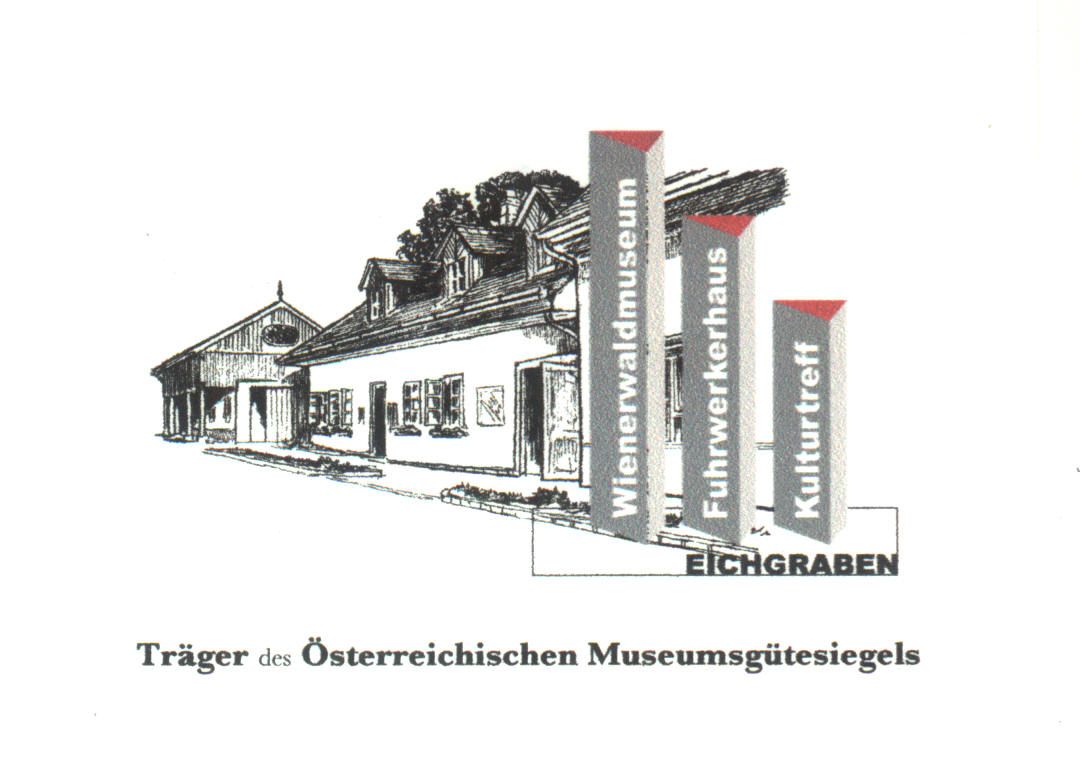 Illustration eines Gebäudes mit Schildern für Wienerwaldmuseum, Fuhrwerkerhaus und Kulturtreff.