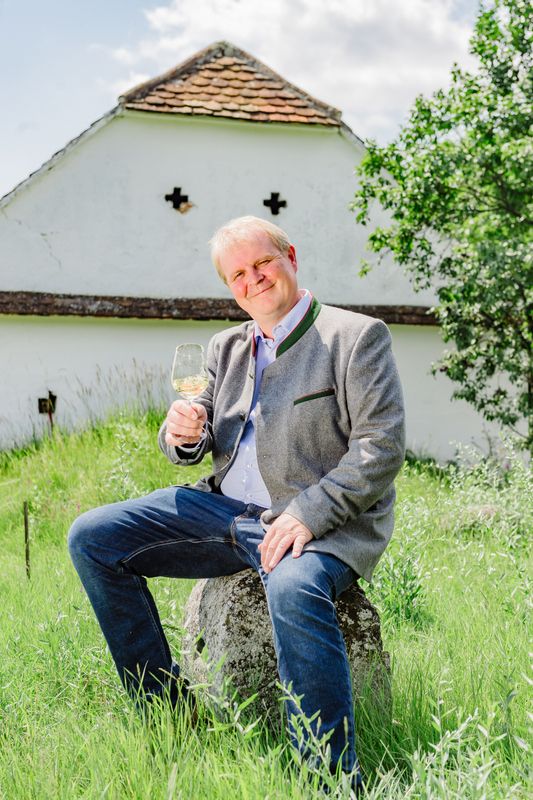 Mann sitzt auf einem Stein im Grünen und hält ein Weinglas in der Hand.